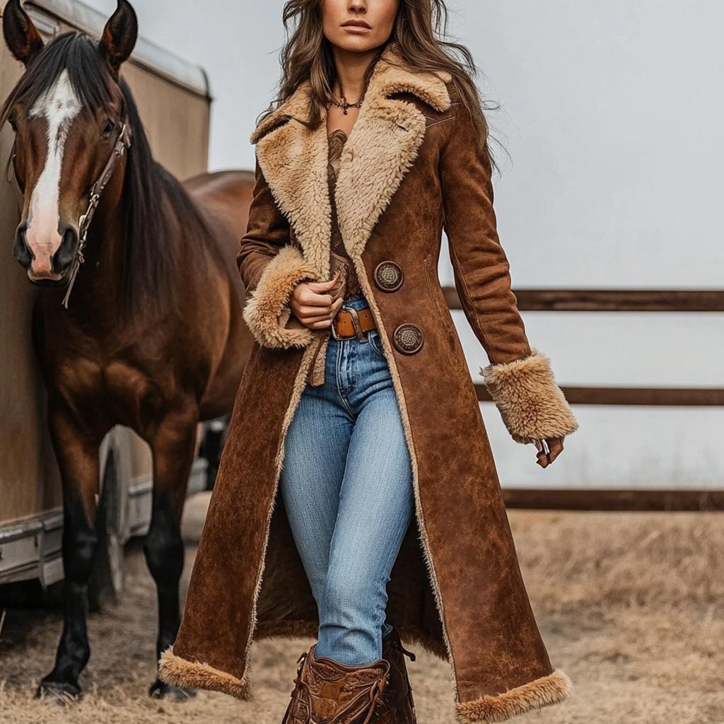 European and American denim women's western retro trench coat plush autumn and winter fashion warm jacket