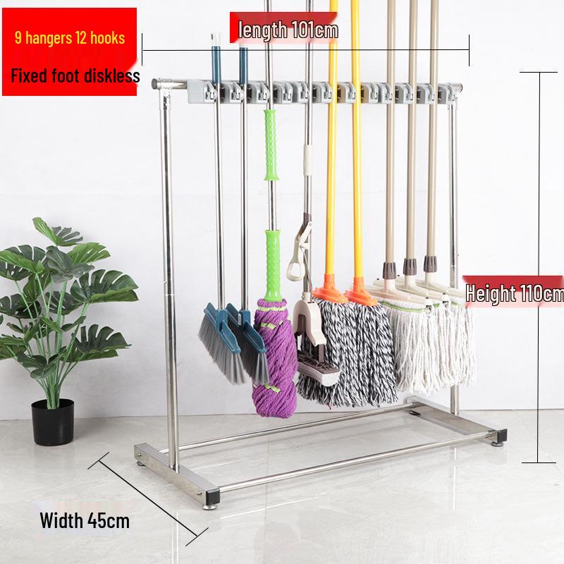 Stainless Steel Floor-standing Mop and Broom Rack with Balcony Storage