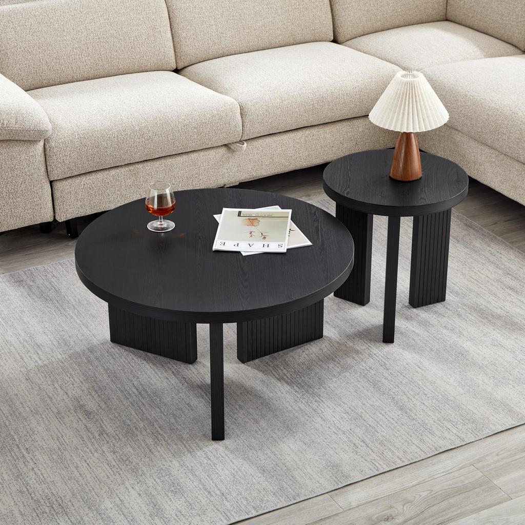 Modern Round Coffee Table Set with Grooved Structure Side Table Coffee Table - Elegance & Functionality for Living Room and Office (2 Pieces)