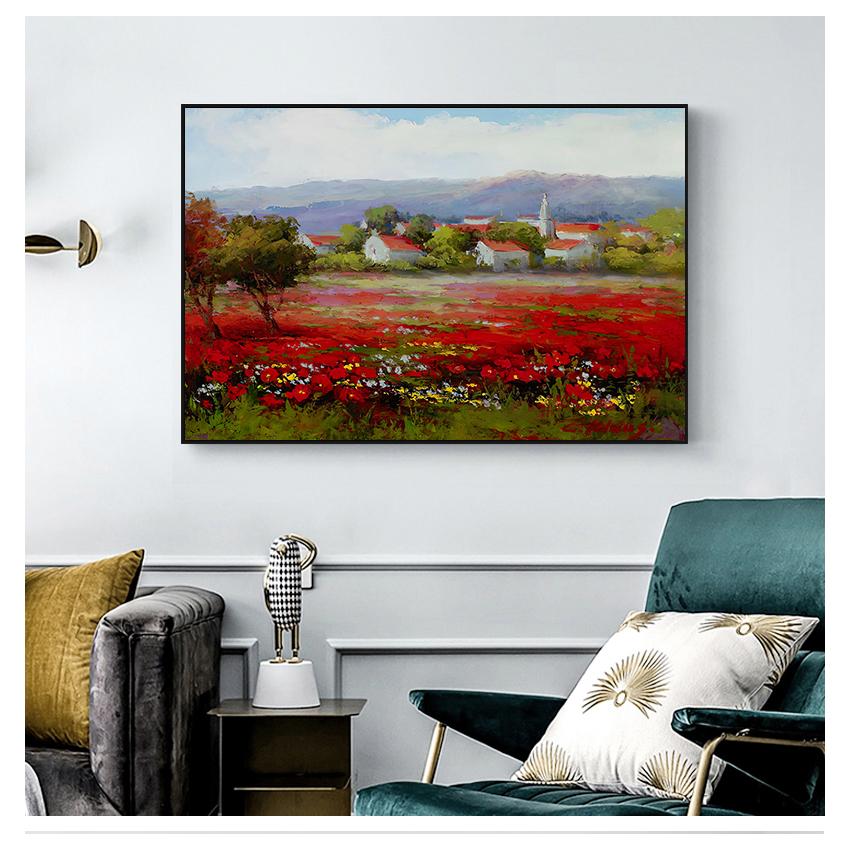 Vallmo landskap oljemålning på duk modern pastoral poster konst väggbild för vardagsrum tryck abstrakt vild röd blomma