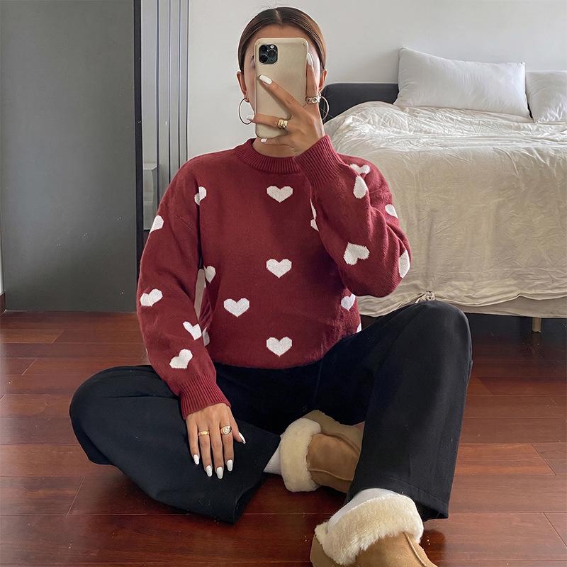 2026 Autumn/Winter Heart Jacquard Loose Pullover Sweater - Fresh Sweet Style, Round Neck