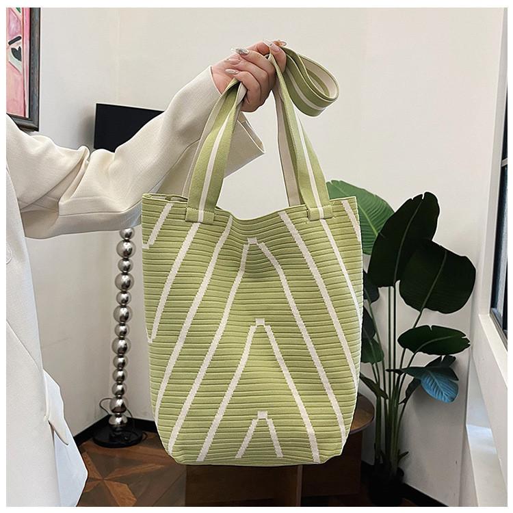 Stylish Korean Striped Knitted Women's Bucket Bag With Soft Fabric And Spacious Design