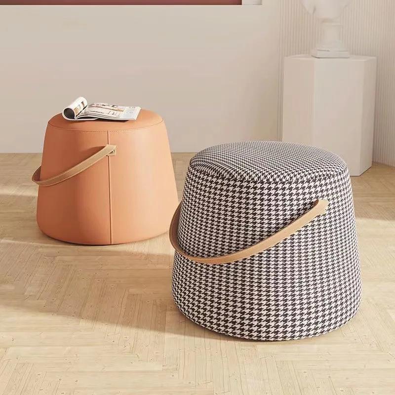 Light Luxury Portable Round Stool with Carrying Handle Living Room Sofa Footstool Hallway Furniture Footrest Low Chair