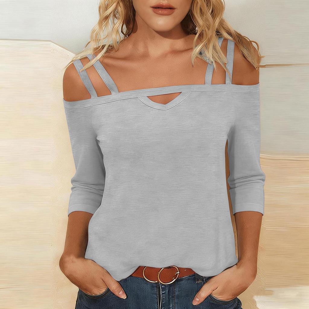 Womens Off Shoulder Top Short Sleeve Cut Out Detail Cross Strap Casual Blouse Summer Lightweight Knit Shirt