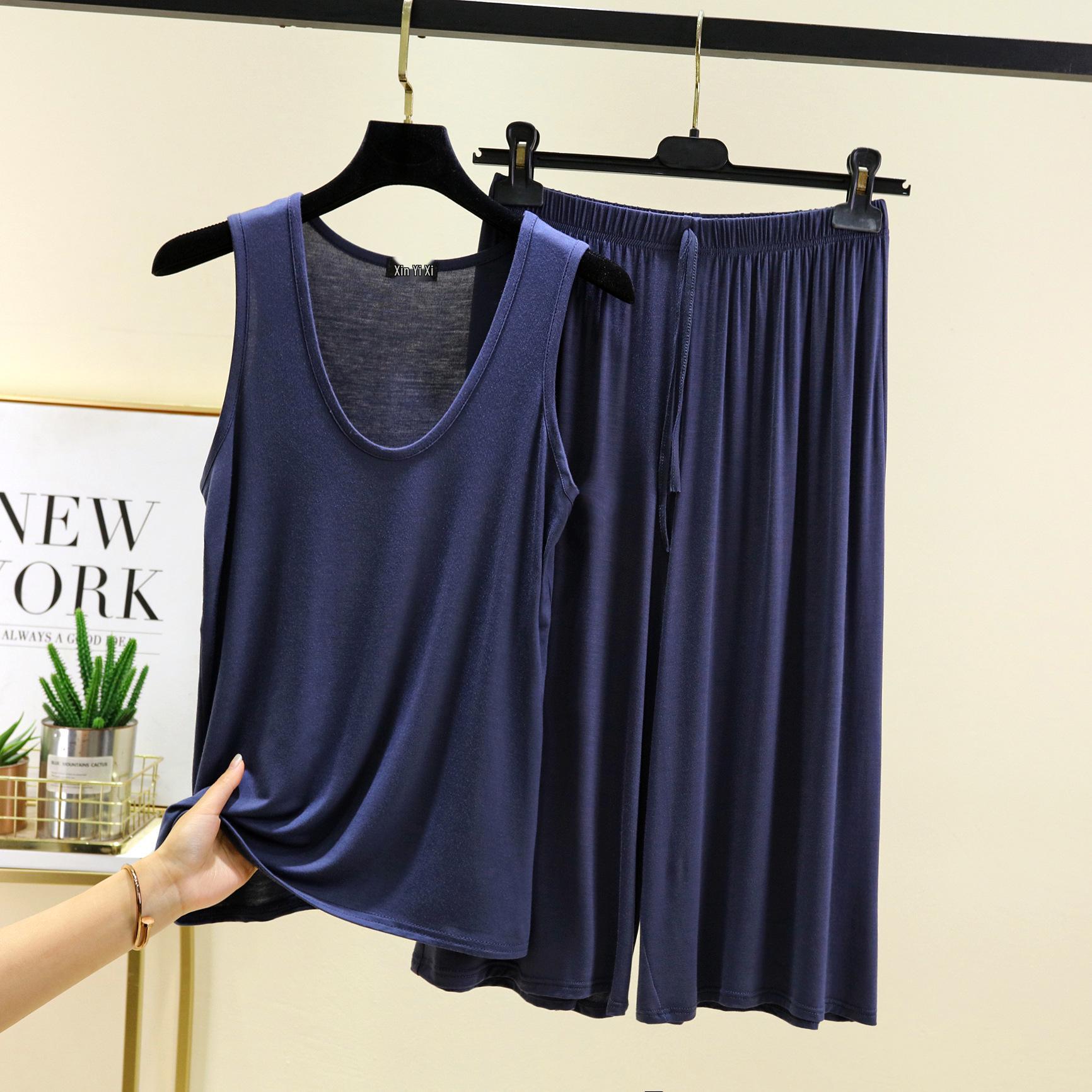 

Модальный пижамный комплект с U-образным вырезом: Летний свободный топ и шорты, домашняя одежда без рукавов больших размеров 3XL