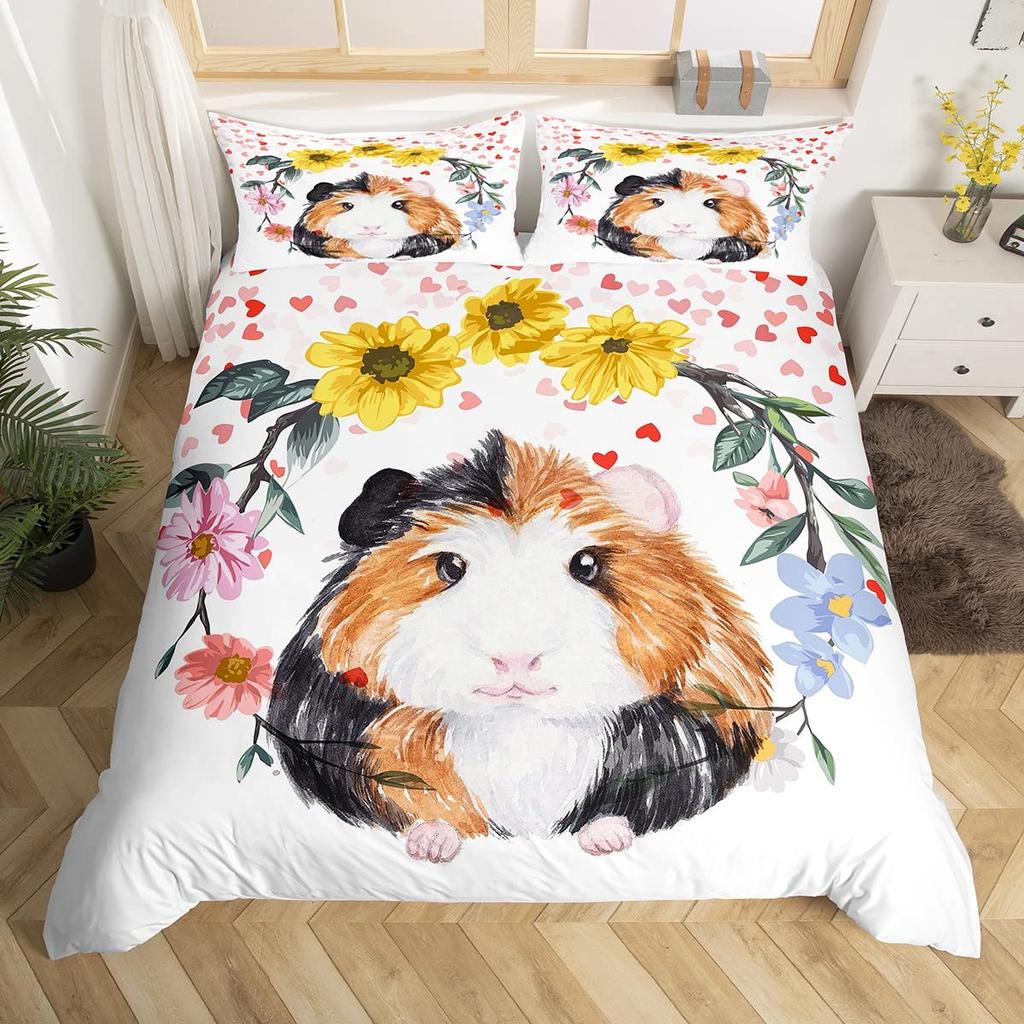 Guinea Pig King Queen Bedding Set Lovely Cartoon Mouse Duvet Cover Flower Plant Animal Comforter Cover Polyester Quilt Cover