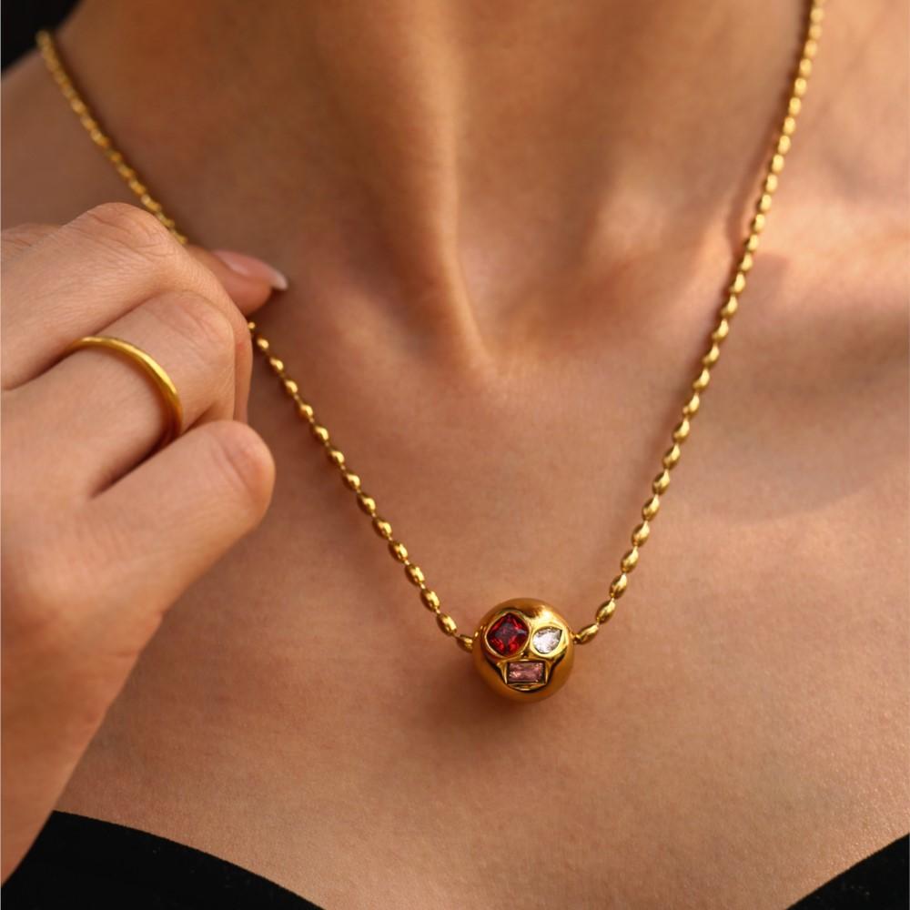 45cm Rice Grain Shape Necklace In Stainless Steel 18k Gold Plated With Multi Color Zircon Ball Pendant Chain Necklaces For Women