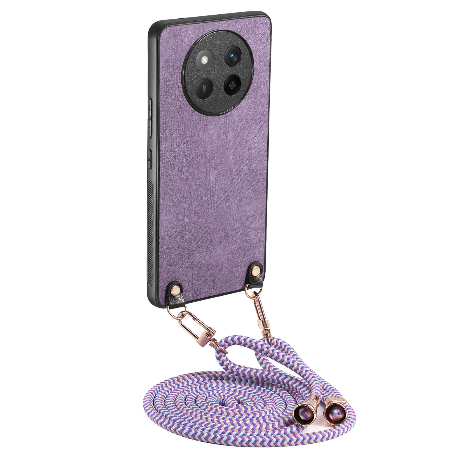 

For Honor X60 Pro 5G Case Retro Texture Leather Coated PC+TPU Phone Cover with Hanging Rope Black