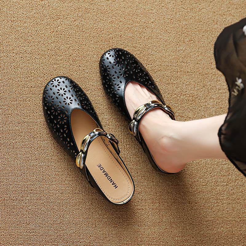 Krazing Pot Cow Skin Mules Round Toe Size 42 Low Heels Slip On Light Shoes Increased Hollow Style Autumn Pumps