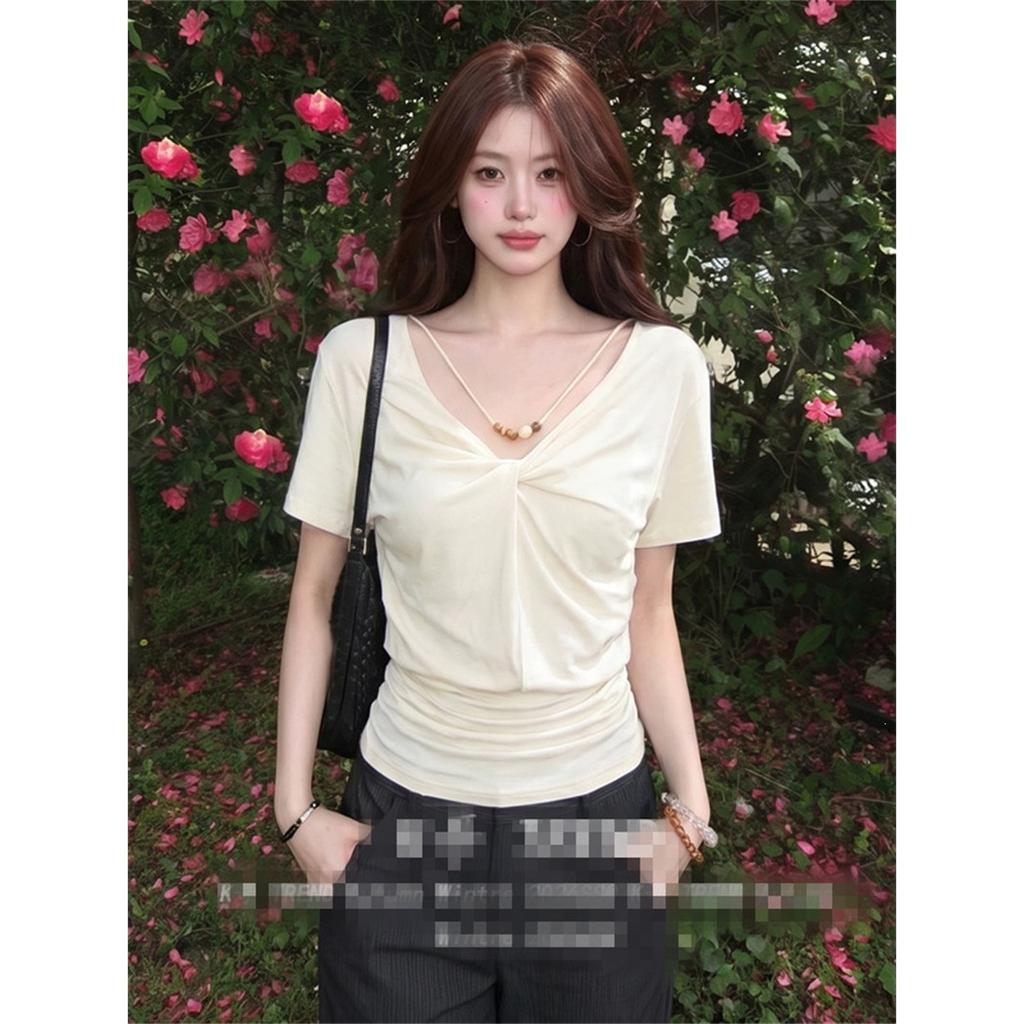 Korean Solid Color Gentle Wind V-neck Kink Short-sleeved T-shirt Women's Summer Simple Design Feeling Waist and Thin Temperament Top