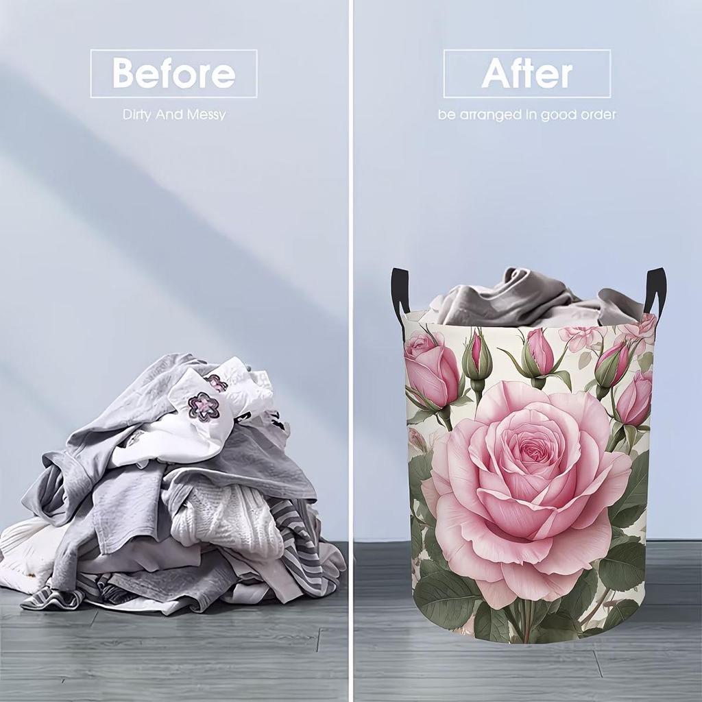 Romantic Pink Rose Laundry Basket with Fresh Flower Design for Bedroom Storage