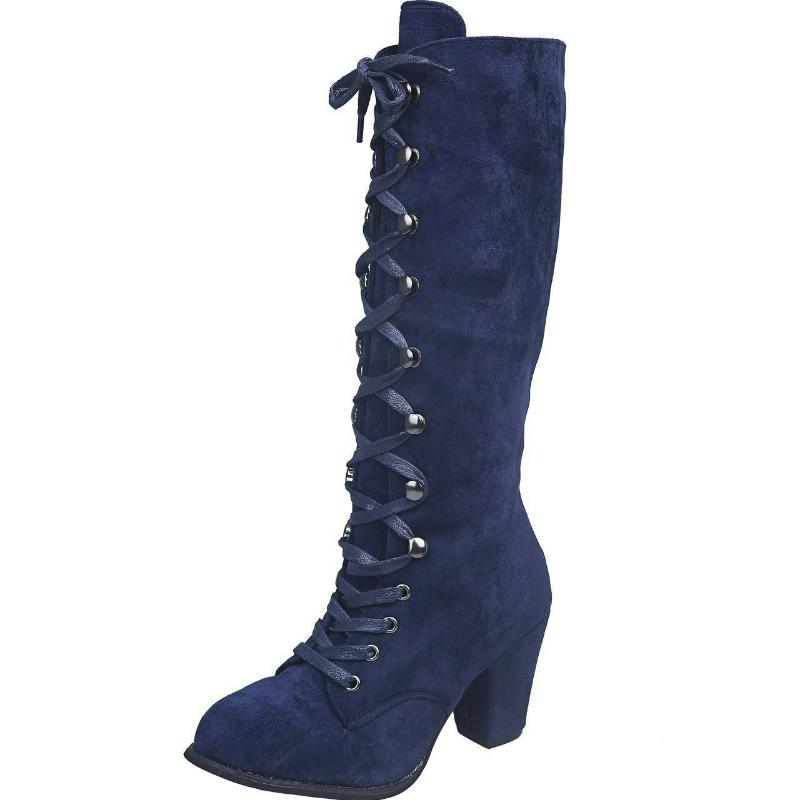 Women's Boots Suede Long Boots 2026 Retro Round Toe Mid-Calf Boots Solid Color Cowboy High Heels Lace Up Thick Heels Women Shoes