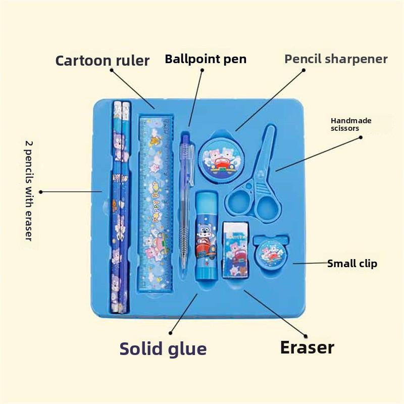 9pcs Cartoon Stationery Gift Set Ruler+ Pen +Pencil Sharpener+Scissors+Clips+ Eraser+Glue Kids School Supplies Prize Box