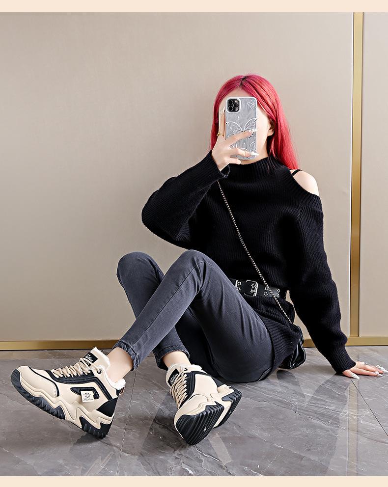 Women's Korean-Style Fleece-Lined High-Top Shoes - Versatile, Thick-Soled, Warm, Cotton Sporty Casual Dad Shoes