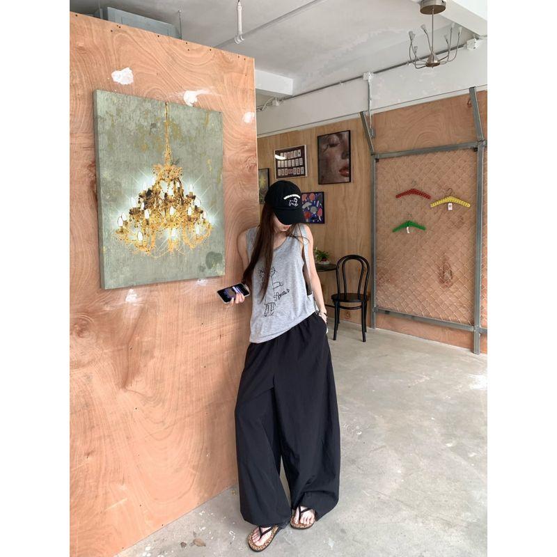 Kumikumi Idle Style Gray Printing Vest Camisole Women's Summer Loose Slim Looking Casual Pants Pants Two-piece Set