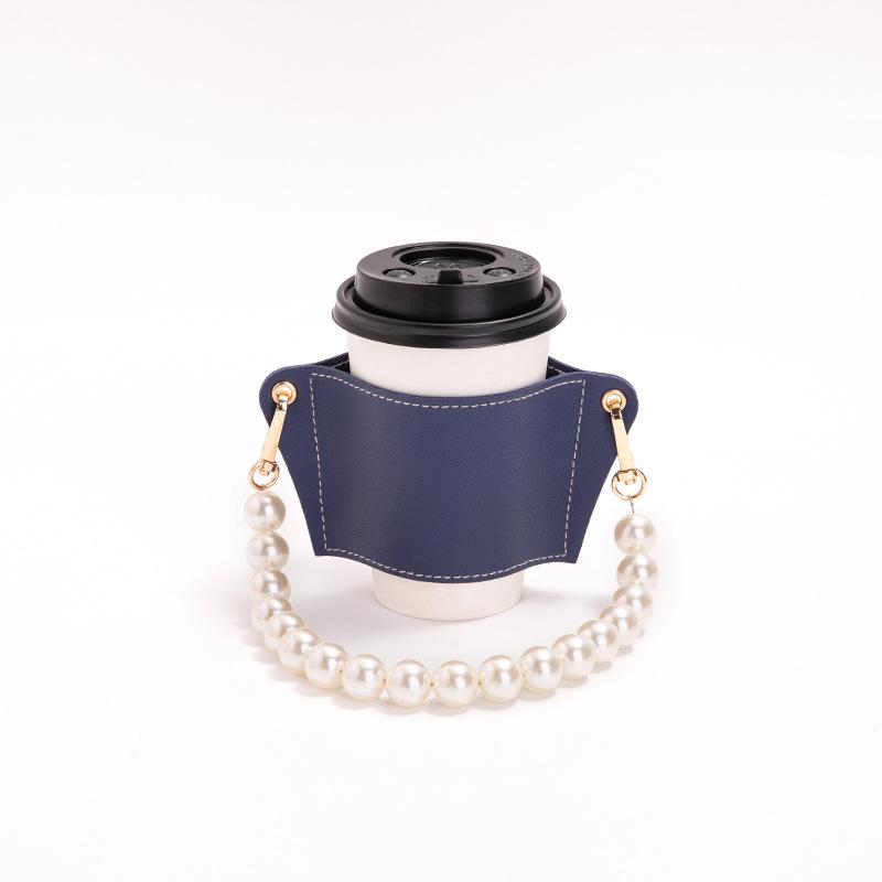 Husă portabilă din piele PU rezistentă la căldură pentru ceașcă de ceai și cafea cu lanț de perle detașabil