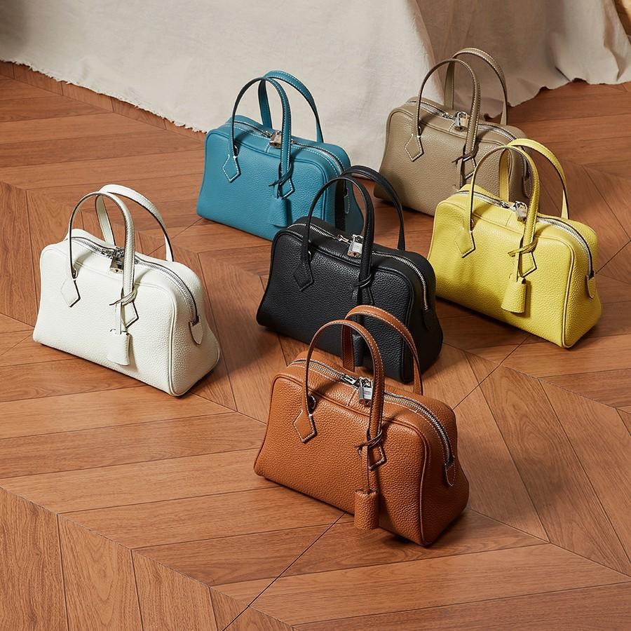 Premium Light Luxury Tc First-Layer Leather Victoria Bag Versatile Oblique Span Commuter Bag Genuine Leather Women'S Boston Pillow Bag
