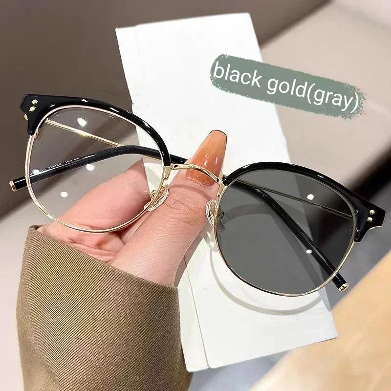 Luxury Round Myopia Glasses Men Women Clear Lens Prescription Color Changing Minus Eyeglasses Anti-blue Ray Eyewear Diopter