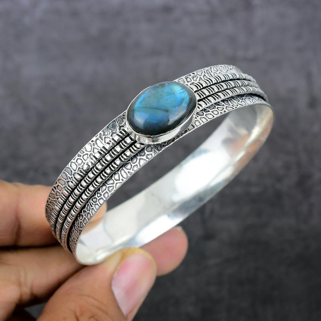 Natural Labradorite Gemstone 925 Sterling Silver Cuff Bangle Adjustable L6F43