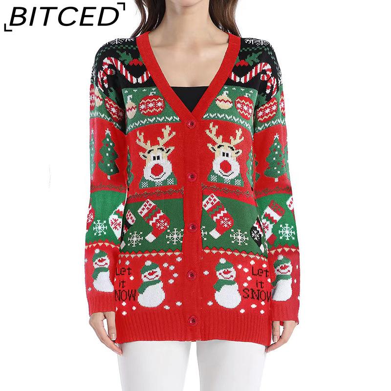 

BITCED Loose-fit Knitted Cardigan Autumn/Winter Sweater Jacket Women s Casual Long-sleeved Christmas Jumper XXL