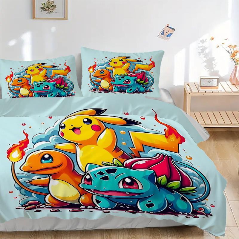 3pcs The Legendary Starters of Pokémon Print Bedding Set (1 Cover + 2 Pillowcases, Without Inserts), This Printed Bedding Set is Soft and