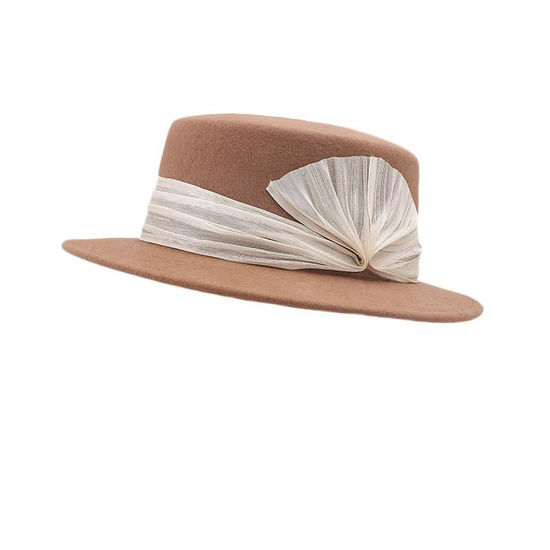 Womens Wool Flat Top Hat Winter Warm Short Brim Fedora Vintage British Style Elegant Silk-Linen Trimmed Cap