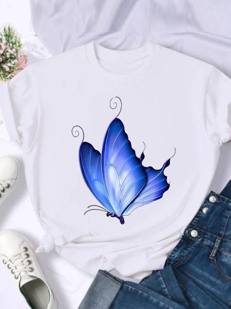 Kortärmade T-shirts Dam T-shirt Tryck Sommar Tecknad Fjäril Trend Söt Skjorta Dam Grafisk T Topp T-shirt Mode Kläder