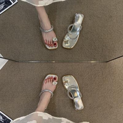 French Square Head Rhinestone Sandals Slippers Fairy Shoes 2026 Summer Outside Wear Temperament Silver Sandals Sophisticated Generous Women's Shoes