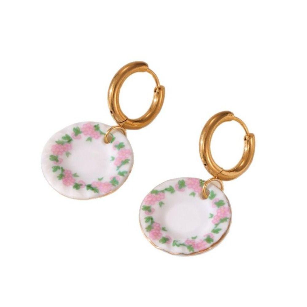 Chinese Style Blue and White Porcelain Earrings Dripping Oil Gold Enamel Hoop Earrings  Girls