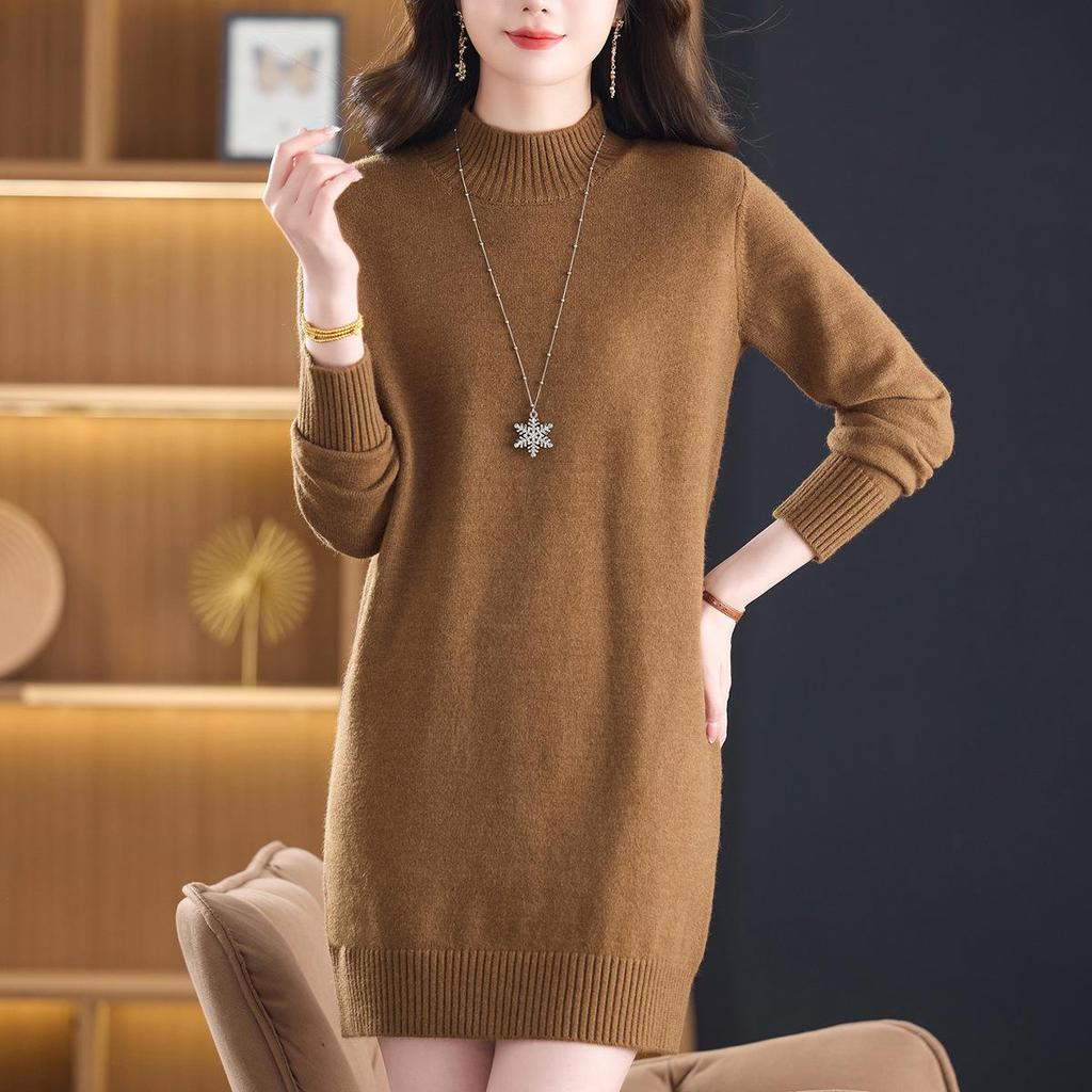 2025 Women's Stylish Loose High Neck Knit Sweater Dress - Mid-Length, Winter Inner Layer for Moms
