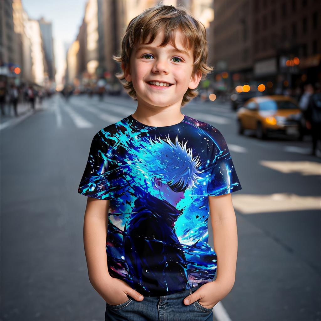 Summer Round Neck 3D Gojo Satoru Jujutsu Kaisen Printed Top Fashionable Casual Short Sleeved Children's Boy T-shirts