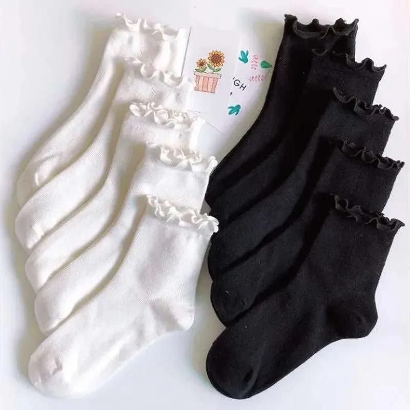 Women Socks Ruffle White Black Frilly Lolita Style Japanese Maiden Cute Kawaii Cotton Harajuku Princess Crew Calcetines