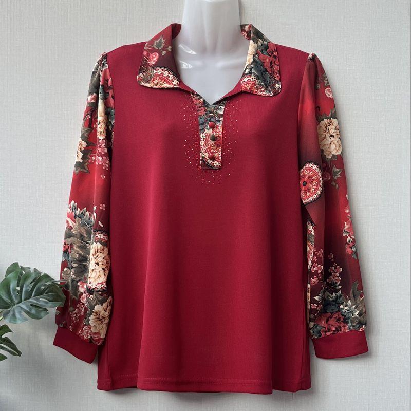 Spring Women's Long Sleeve Printed T-Shirt Loose Polo Collar Pullover Plus Size Blouse