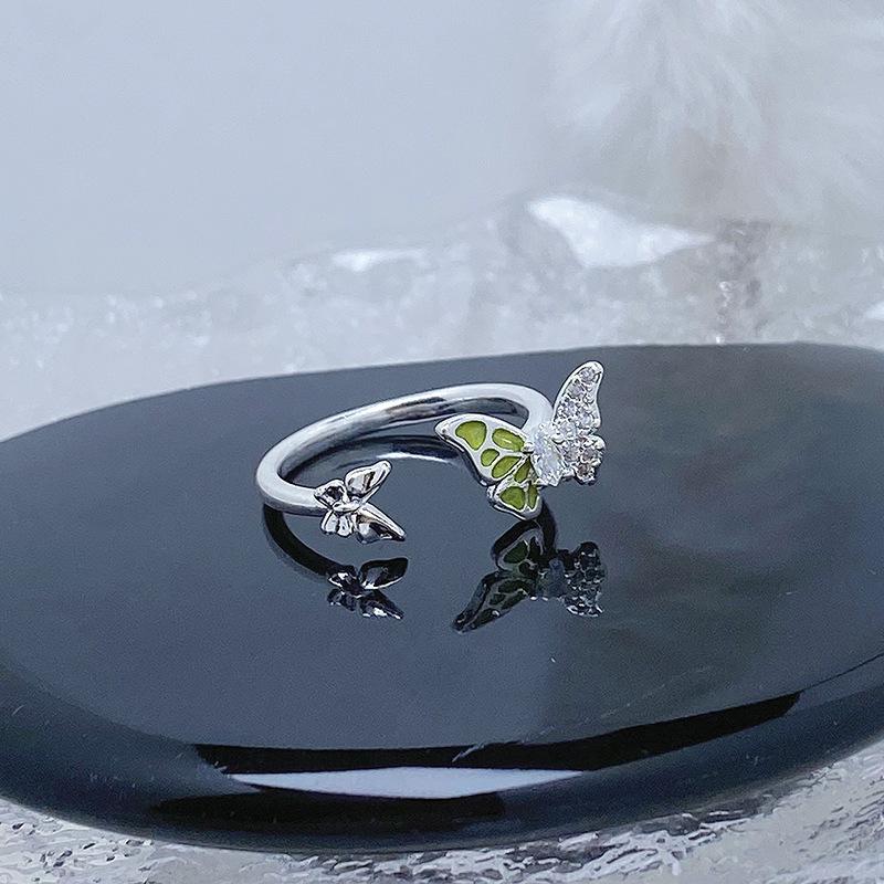 

Small Fresh Summer Cool Feeling Green Enamel Dripping Oil Butterfly Flower Opening Ring Niche Light Luxury High-End Ring