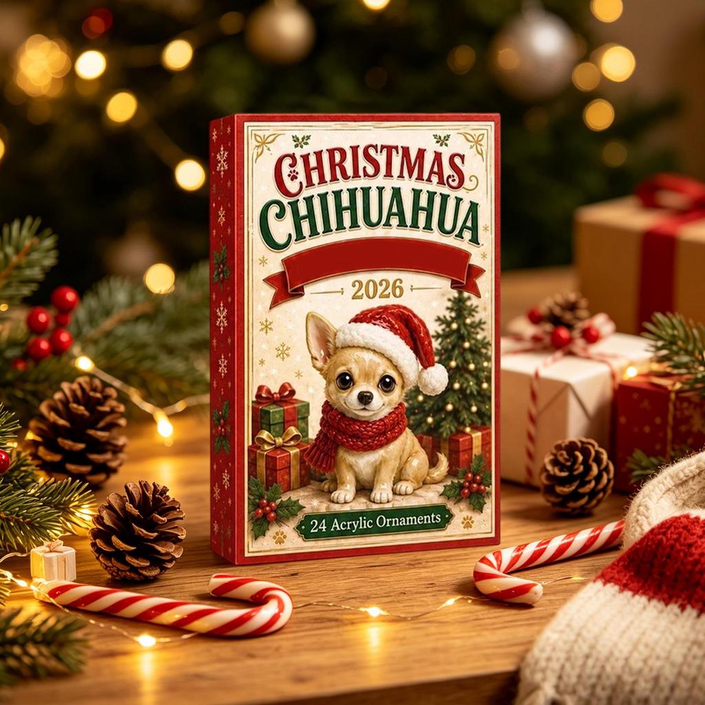 Calendario dell'Avvento di Natale 2026 Conto alla rovescia di Natale 24 Giorni Ciondolo Design Chihuahua in Acrilico Scatola Regalo Sorpresa Decorazione