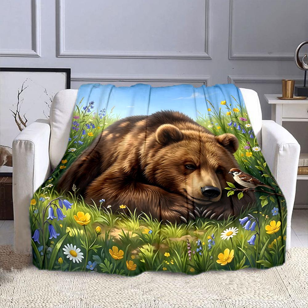 Bear Resting in a Flower Meadow Patterned flannel blanket perfect for the bedroom living room, sofa, or a little nap