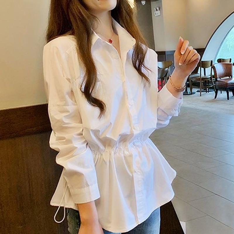 Chic High-Waisted White Chiffon Blouse for Women - Belly-Concealing, Waist-Cinched, Elegant Spring Design Large белый