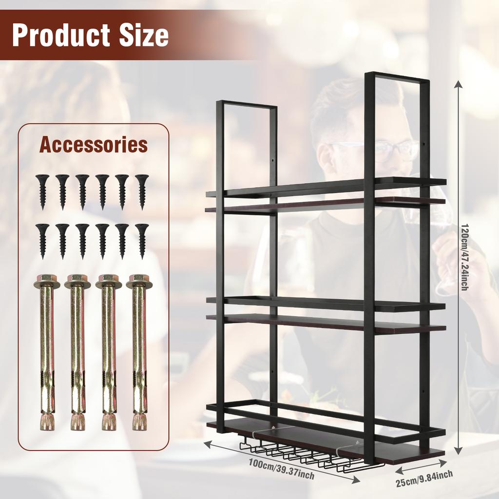 3 Tier Wall Mounted Bar Shelves Metal Hanging Wine Storage Rack Display with Glass Holder for Kitchen Dining Room Home Decor