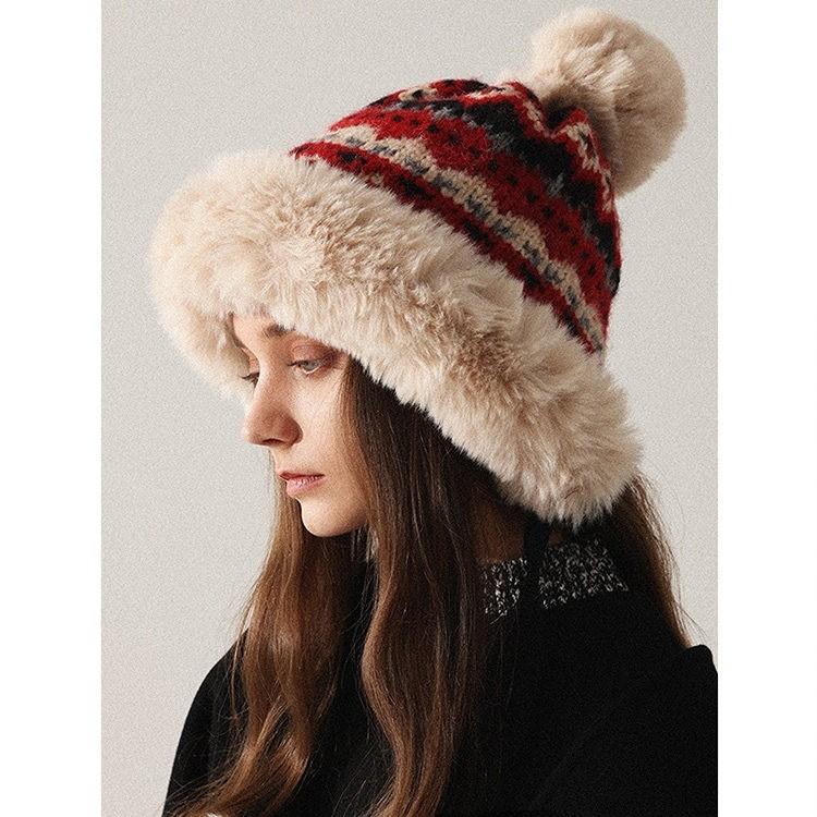 Winter fluffy plush ear protectors big head circumference knitted wool hat women