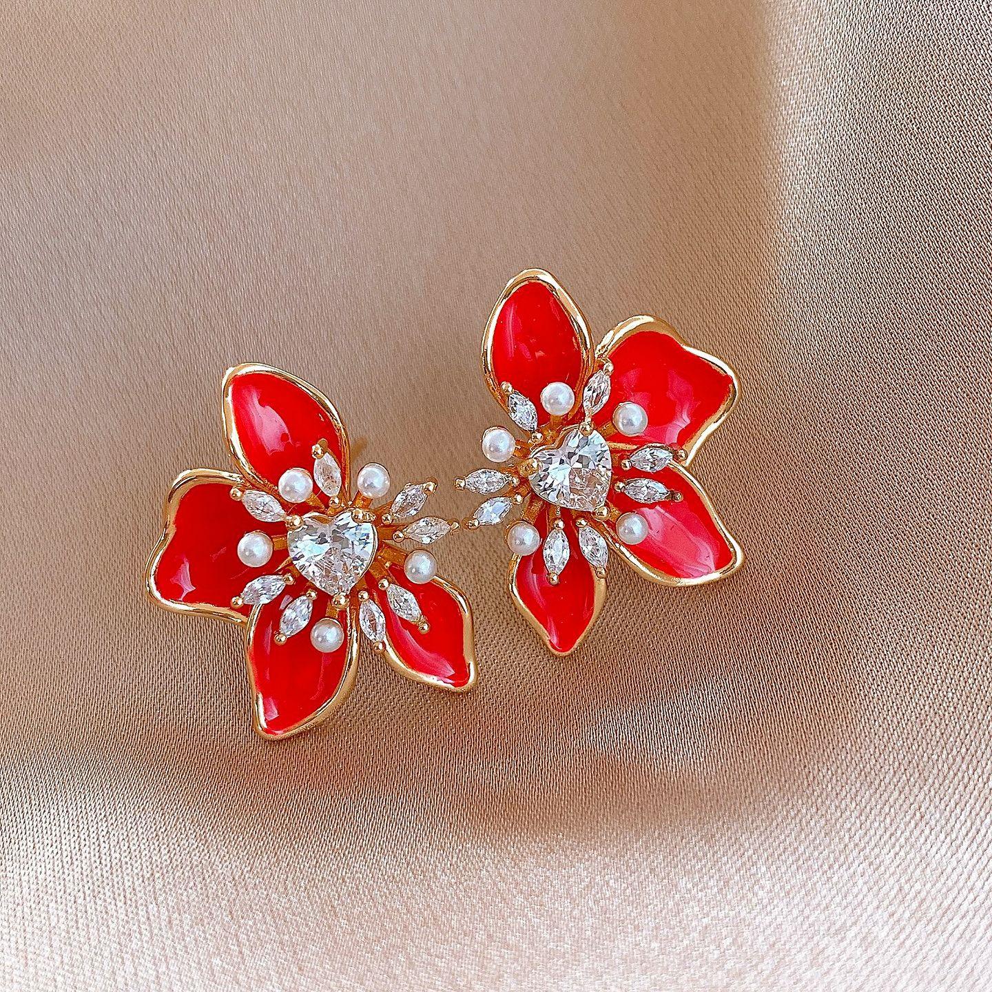 18k real gold zir*****il drop flower pearl earrings stud earrings fashion earrings women