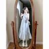 Mori Sweet Lace-up Neck Plaid Dress Women's Loose and Thin Round Neck Sleeveless A-shaped Long Dress Blue