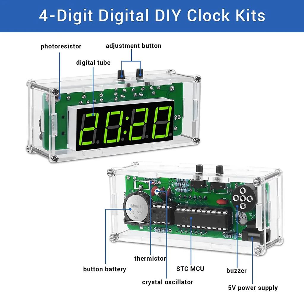 4-Digit Digital DIY Clock Kits with Acrylic Shell  DIY Alarm Clock Soldering Practice Kit for Learning Electronics multifunction