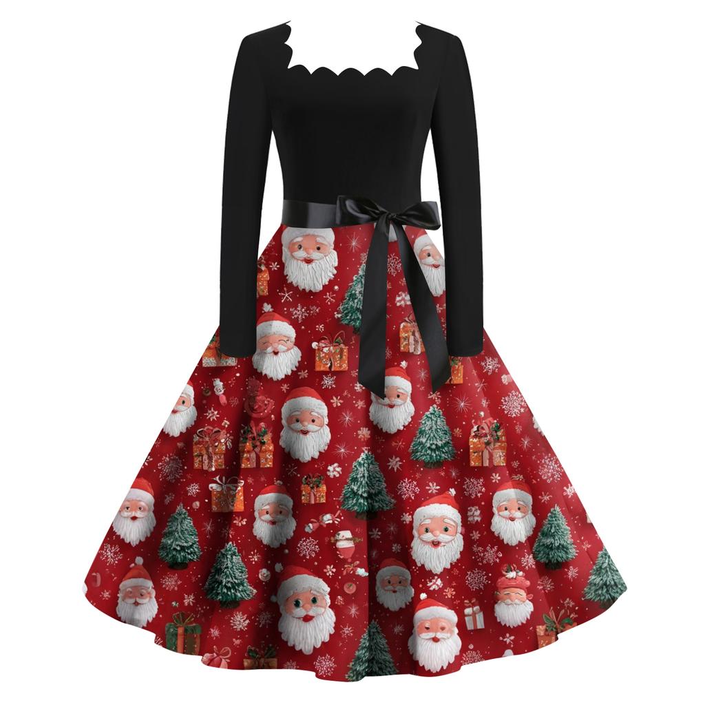 Women's Fashion Retro Long-sleeved Square Collar Christmas Printed Evening Dress