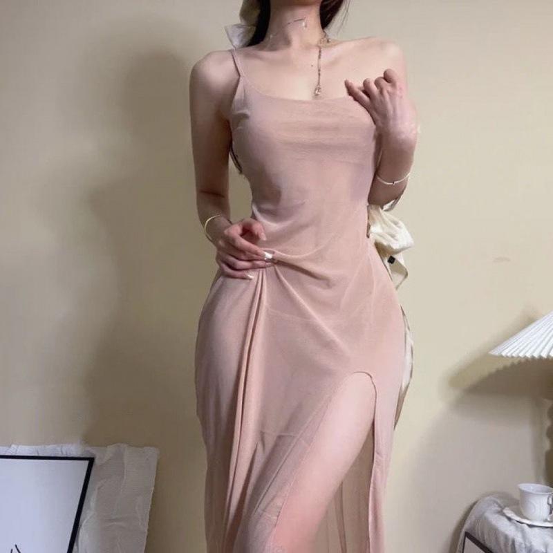 

Sexy mesh suspender skirt perspective temptation slit long skirt pajama set transparent hair 8025 average size