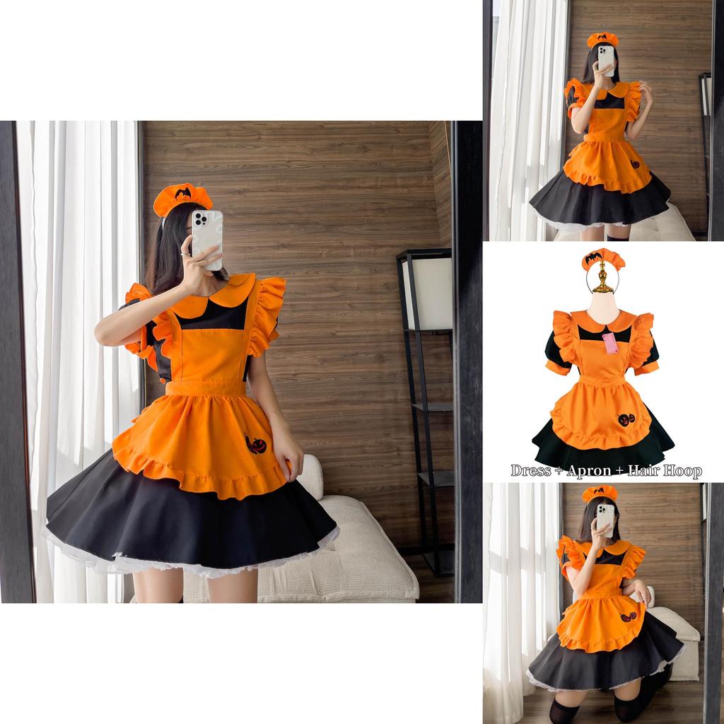 Süßes Lolita Kürbis Dienstmädchen Halloween Party Kostümkleid mit Kopfschmuck