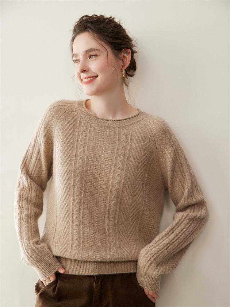 Women's Cashmere Raglan Cable Knit Sweater - 7-Gauge Double-Strand, Round Neck, Rolled Edge, Extra-Thick, Long-Sleeve Pullover.
