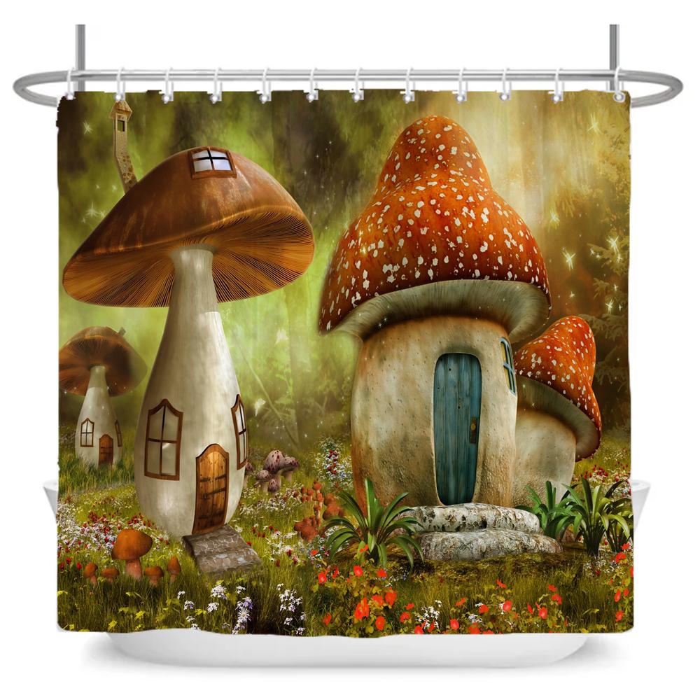 Enchanted Forest Shower Curtain Cartoon Magic Tale Mushroom Wonderland Gothic Shower Curtain Waterproof Bath Decor With Hooks