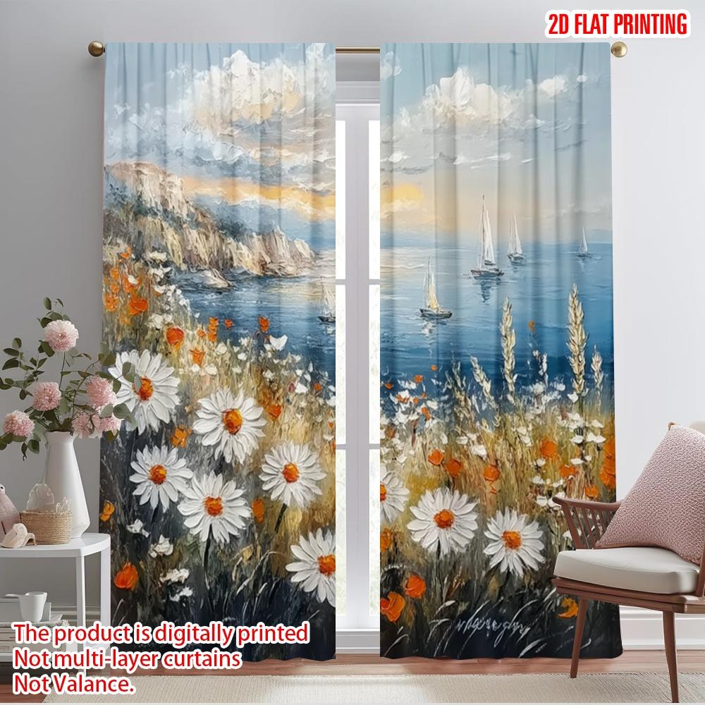

2 шт., 2D печать на плоскости Оконная штора Приморские ромашки Прочная 100% полиэстеровая ткань (без удилища) Украшения для гостиной 52.50×116.00 CM 2pcs