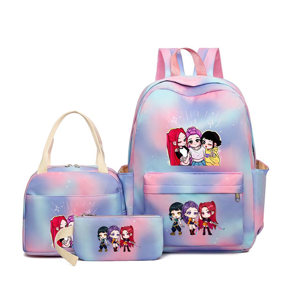 KPOP Dämonenjägerin Girlgroup Rucksack, Brotdose & Federmäppchen Set - Anime Schultasche & Bento Box Kombi