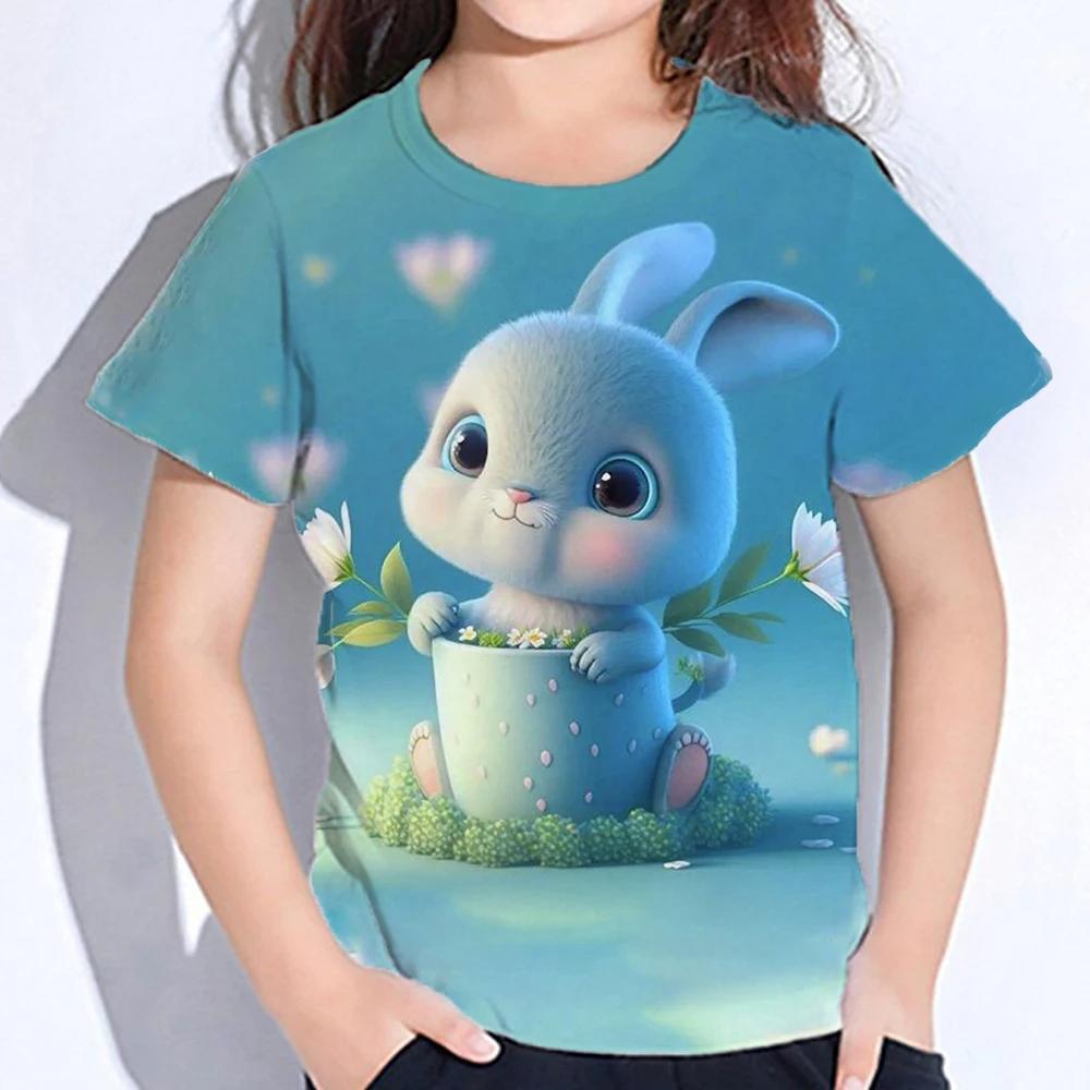 Summer Kids Cute Cartoon Rabbit Tops Tees 3D Print Animal T-shirt Children Short Sleeve Clothing Boys Girls Fashion Streetwear